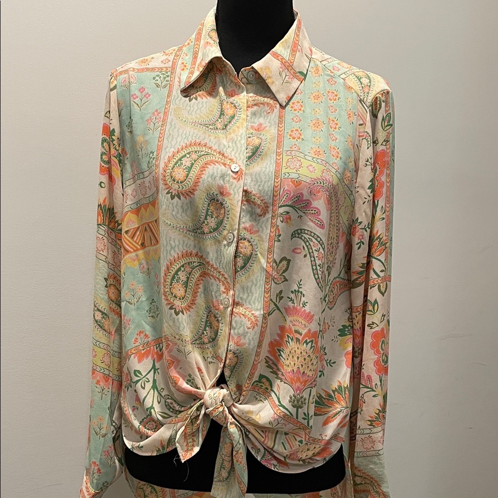 Rose & Olive Button Down Shirt Tunic SizeM Paisley Floral Print Romantic Pastels